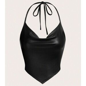Draped Front Tie Backless Halter Top-Black Faux Leather Size LG NEW
93% Polyeste